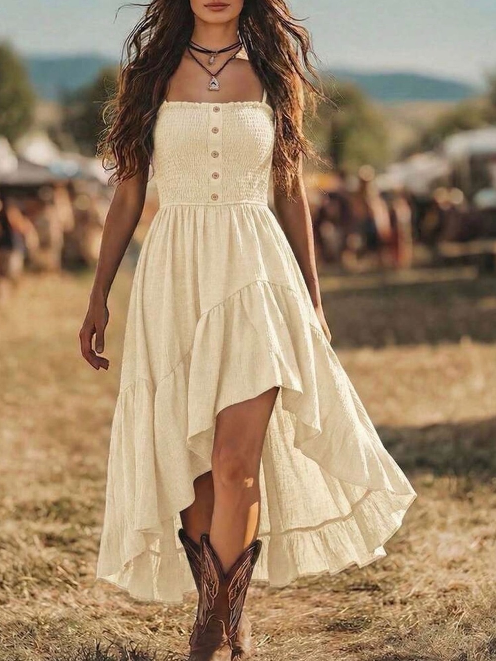 Boho Strapless Cream High-Low Midi Dress